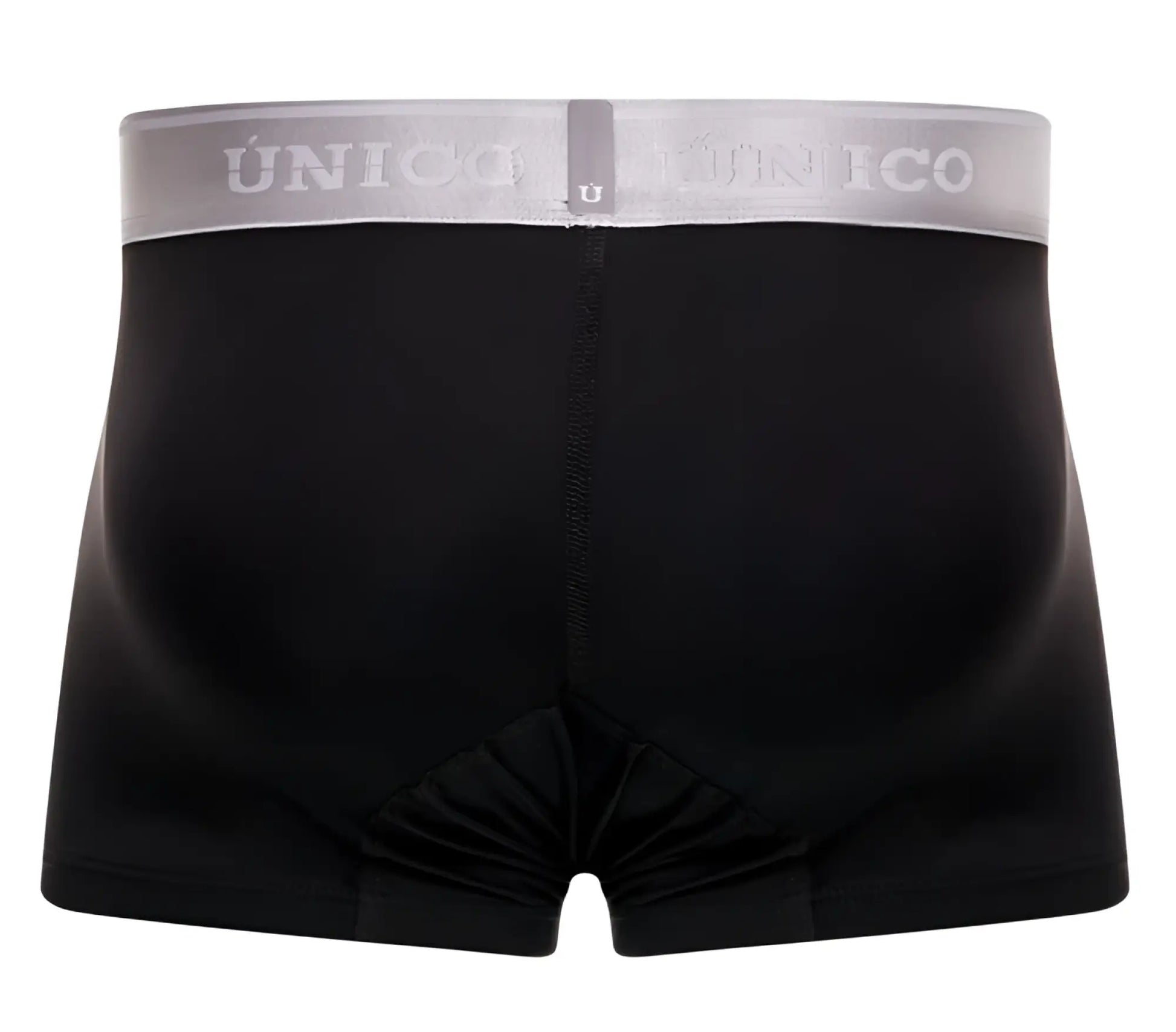 Black unico boxer briefs with gray waistband featuring unico brand name in white lettering model 24110100109 argento trunks