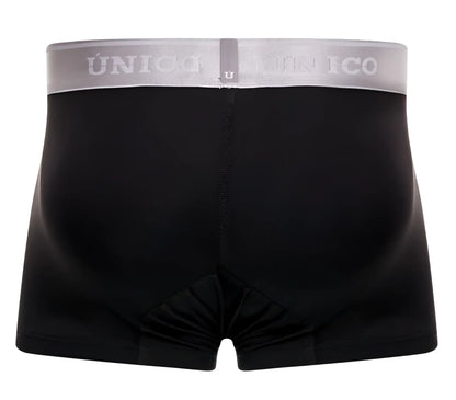 Black unico boxer briefs with gray waistband featuring unico brand name in white lettering model 24110100109 argento trunks