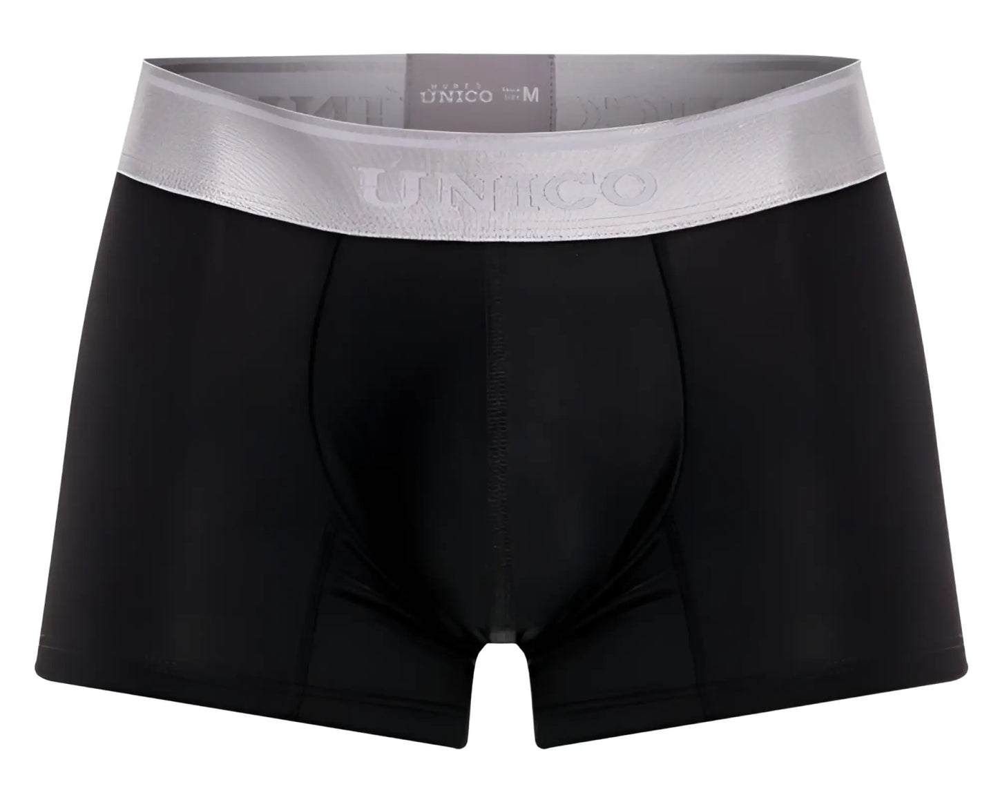 Black unico men’s boxer briefs with silver waistband featuring brand name in unico 24110100109 argento trunks color 99-black