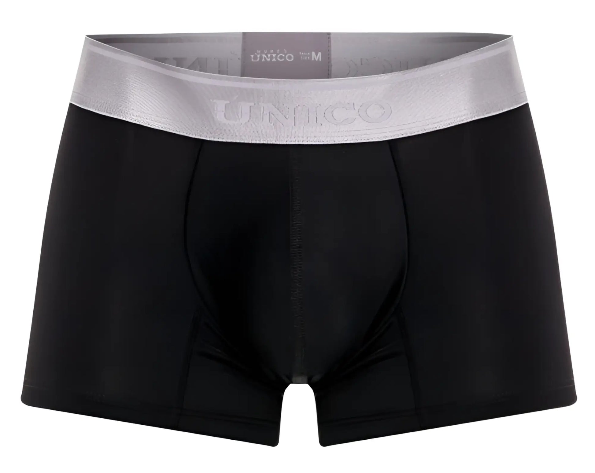 Black unico men’s boxer briefs with silver waistband featuring brand name in unico 24110100109 argento trunks color 99-black