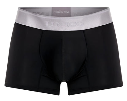 Black unico men’s boxer briefs with silver waistband featuring brand name in unico 24110100109 argento trunks color 99-black