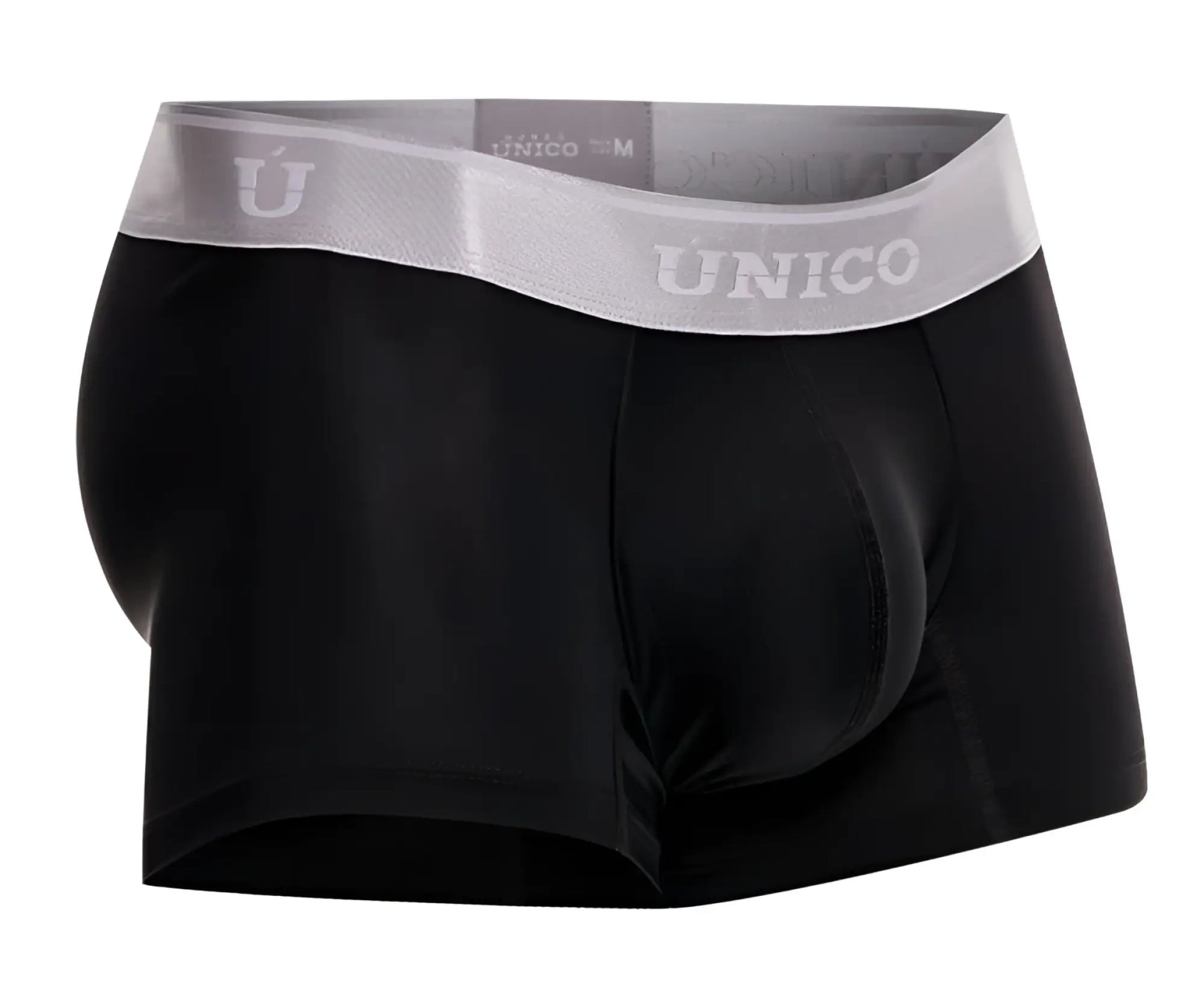 Black unico men’s briefs with gray waistband featuring unico logo in style 24110100109 argento trunks color 99-black