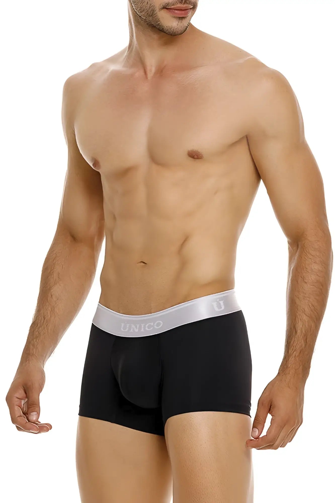 Black unico men’s briefs with silver waistband featuring unico brand name and logo model 24110100109 argento trunks