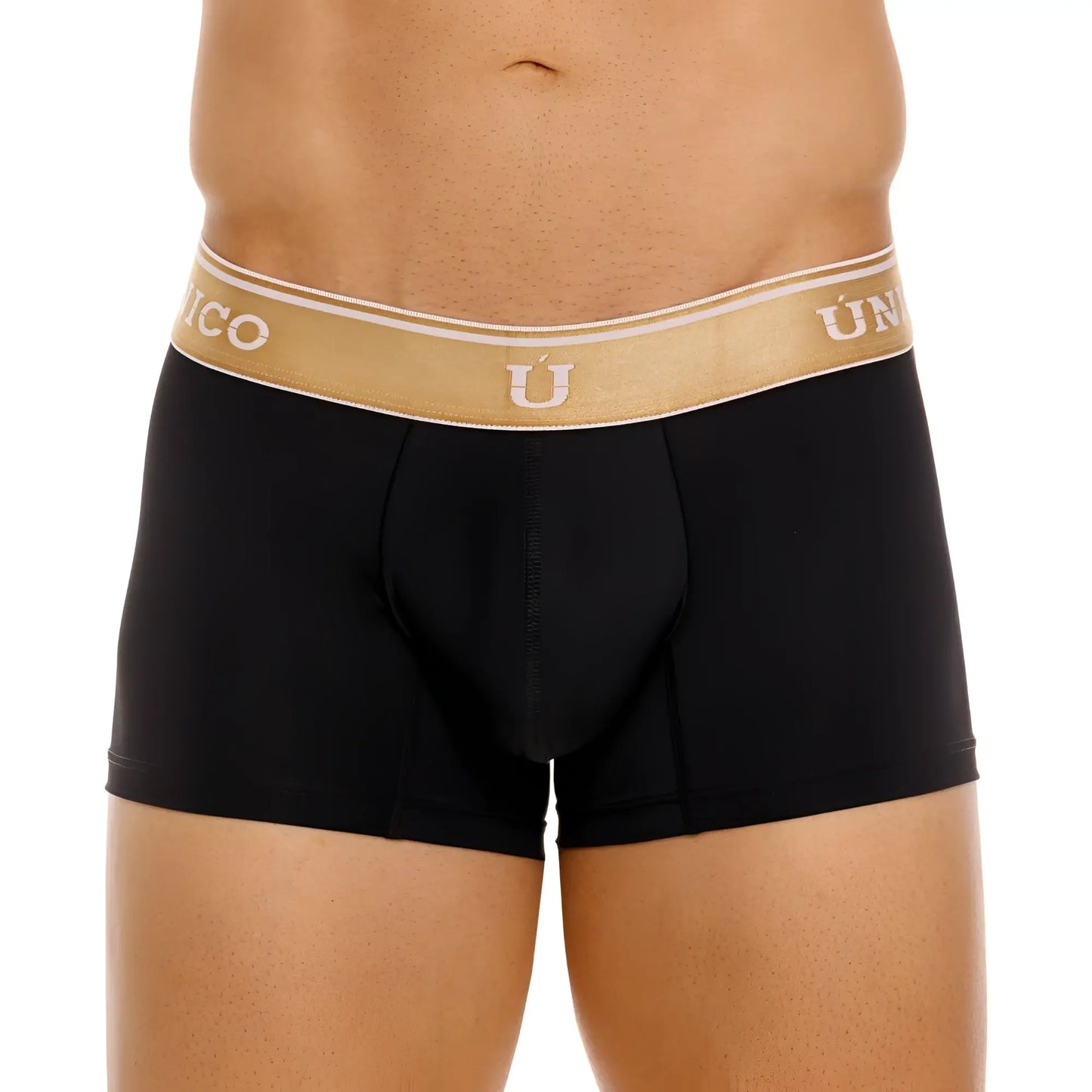Black men’s boxer briefs with gold waistband featuring unico brand name in white lingote trunks color 99 black