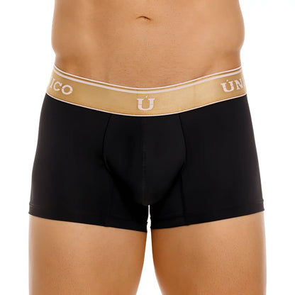 Black men’s boxer briefs with gold waistband featuring unico brand name in white lingote trunks color 99 black