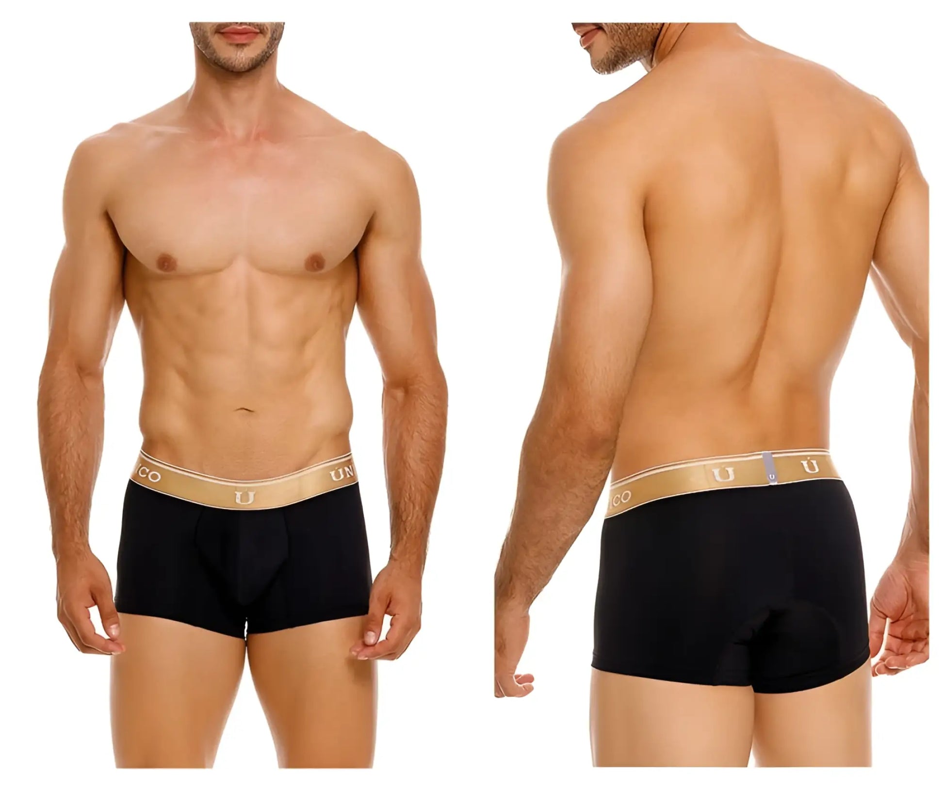 Black unico 24110100110 lingote trunks with gold elastic waistband featuring unico logo in black color
