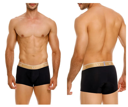 Black unico 24110100110 lingote trunks with gold elastic waistband featuring unico logo in black color