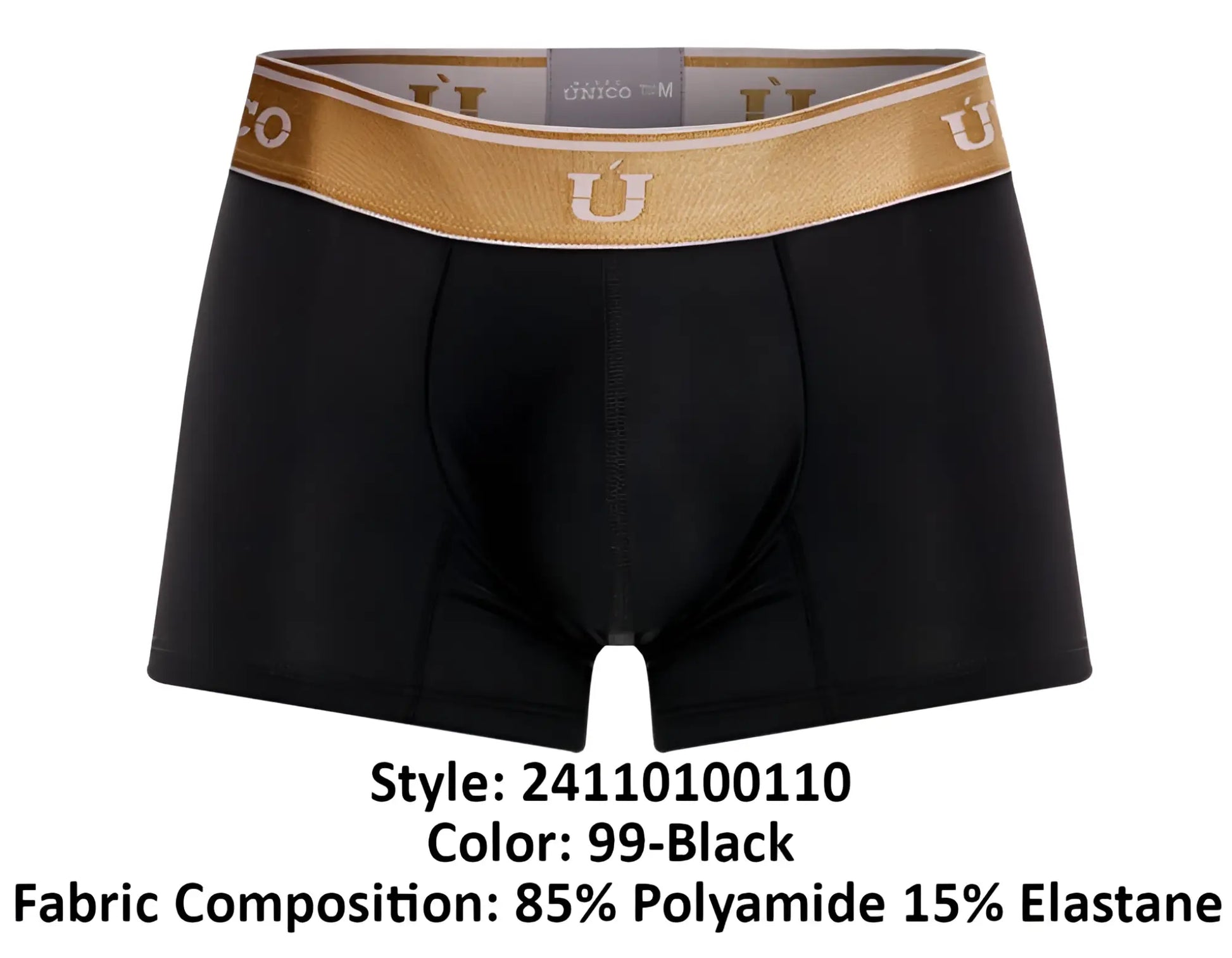 Black unic 24110100110 lingote trunks briefs with gold and white u logo waistband made of 85 polyamide 15 elastane