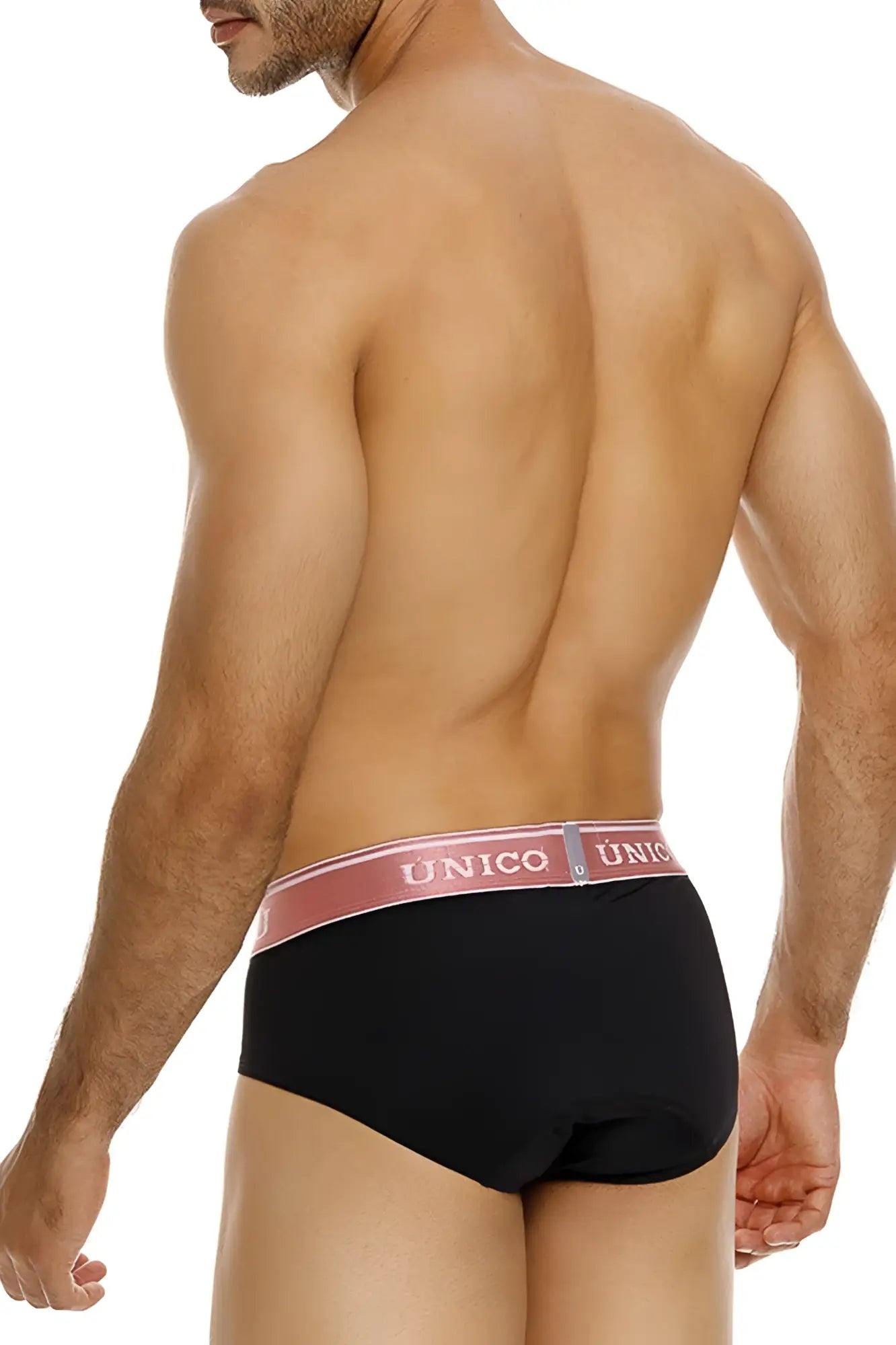 Black unico mens briefs with a pink waistband featuring the brand name in white lettering color 99-black