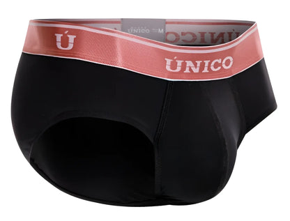 Black unico men’s briefs with a pink waistband featuring the Unico brand name in white lettering color 99 black