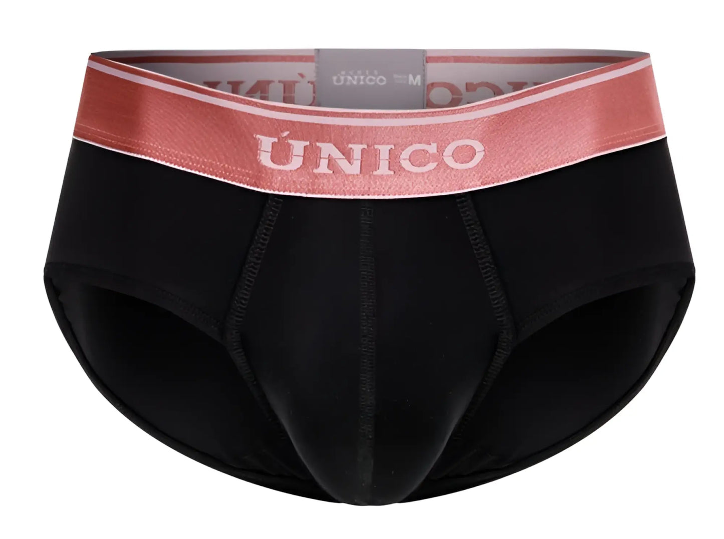 Black unico 24110101108 oro rosa briefs with rose elastic waistband and white brand name lettering in black fabric
