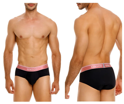 Black unico briefs with a pink elastic waistband featuring the brand name in white lettering color 99-black