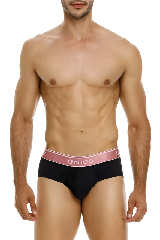 Black briefs with pink waistband featuring único brand name in white lettering from Unico 24110101108 Oro Rosa collection