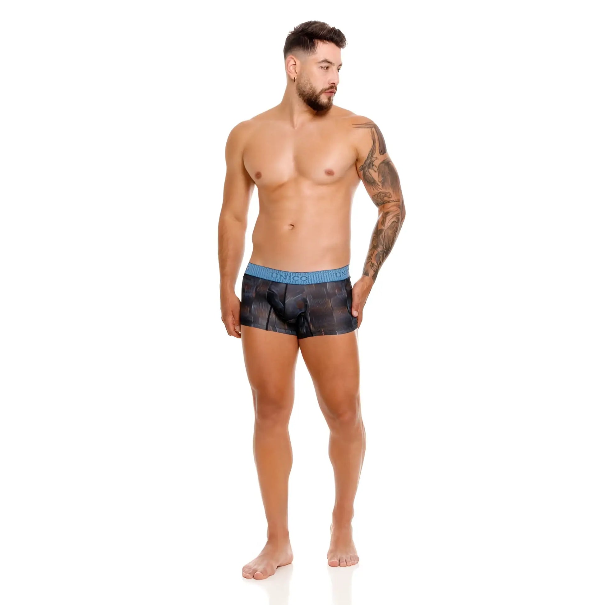 Unico epitome trunks color 99 black boxer briefs with blue and black pattern and solid blue waistband