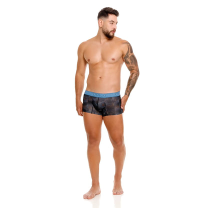 Unico epitome trunks color 99 black boxer briefs with blue and black pattern and solid blue waistband