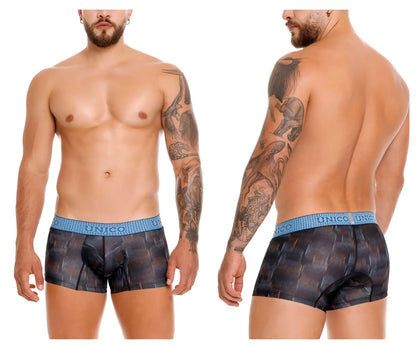 Unico 25020100102 epitome trunks color 99 black men’s boxer briefs with black and blue geometric textured pattern