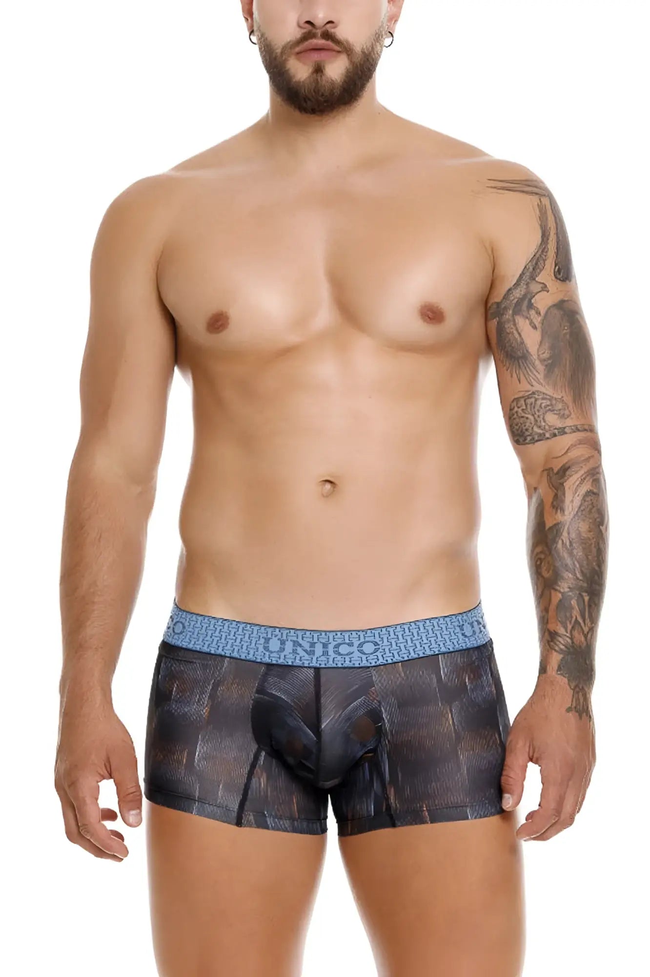 Unico epitome trunks color 99-black men’s boxer briefs with black and blue textured geometric pattern