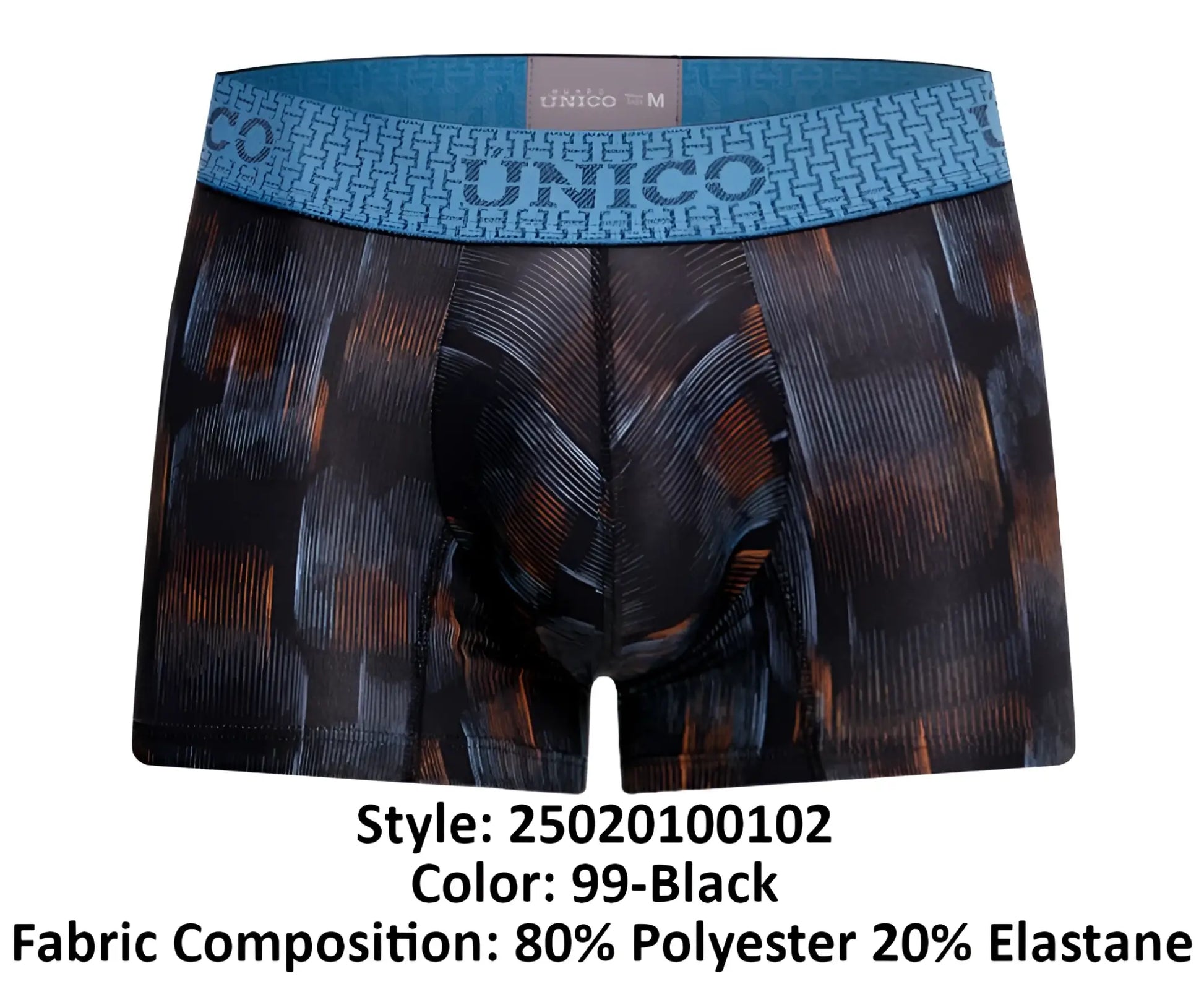 Black unico 25020100102 epitome trunks with textured brown and gray pattern and blue waistband for comfortable wear