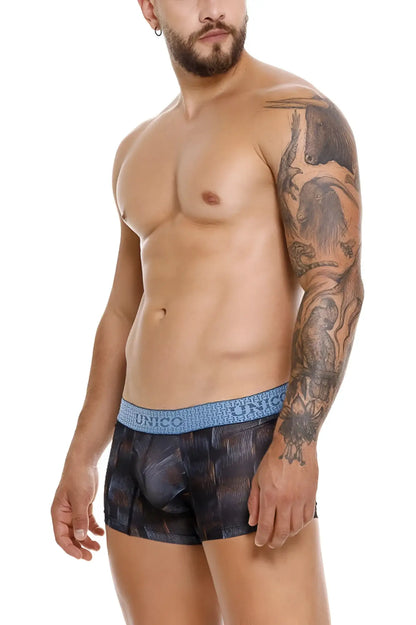 Unico 25020100102 Epitome trunks in dark blue and black with light blue elastic waistband featuring unico brand name