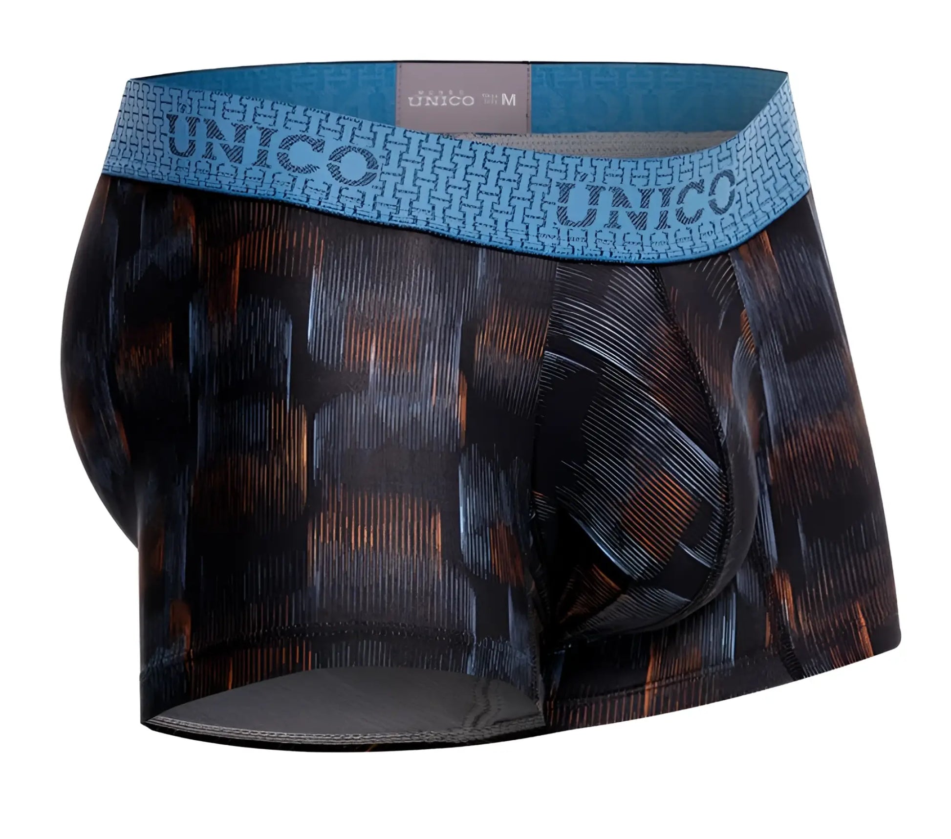 Men’s unico 25020100102 epitome trunks in black with dark geometric pattern and light blue branded elastic waistband