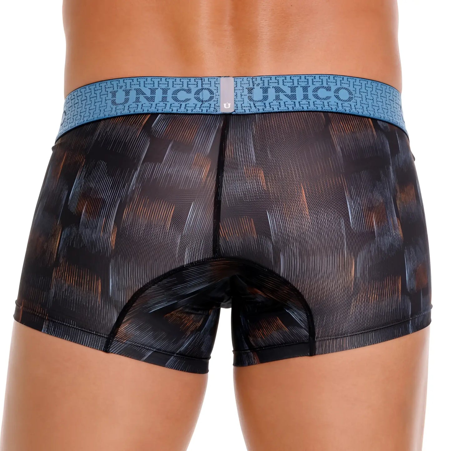 Unico 25020100102 Epitome trunks black boxer briefs with orange abstract pattern and blue unico branded waistband