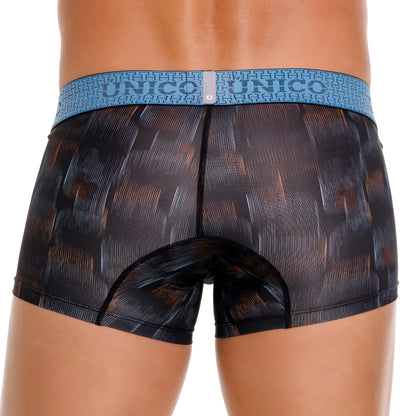 Unico 25020100102 Epitome trunks black boxer briefs with orange abstract pattern and blue unico branded waistband