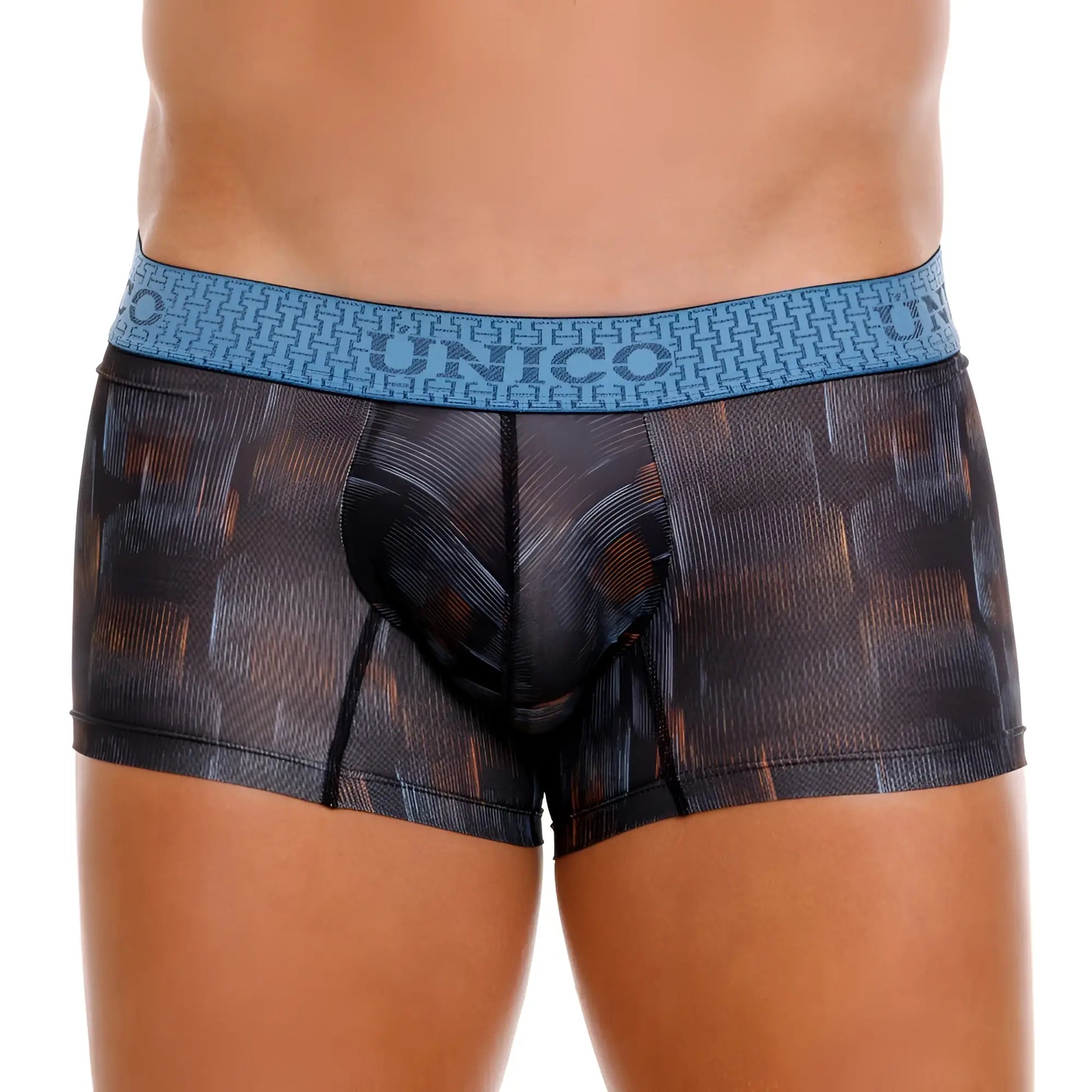 Unico 25020100102 Epitome trunks men’s boxer briefs in black and orange pattern with blue woven waistband