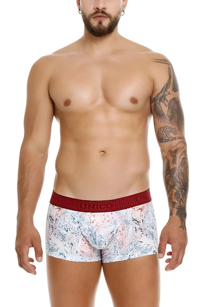 White boxer briefs unico 25020100103 rizo trunks with pink and blue abstract pattern and red elastic waistband