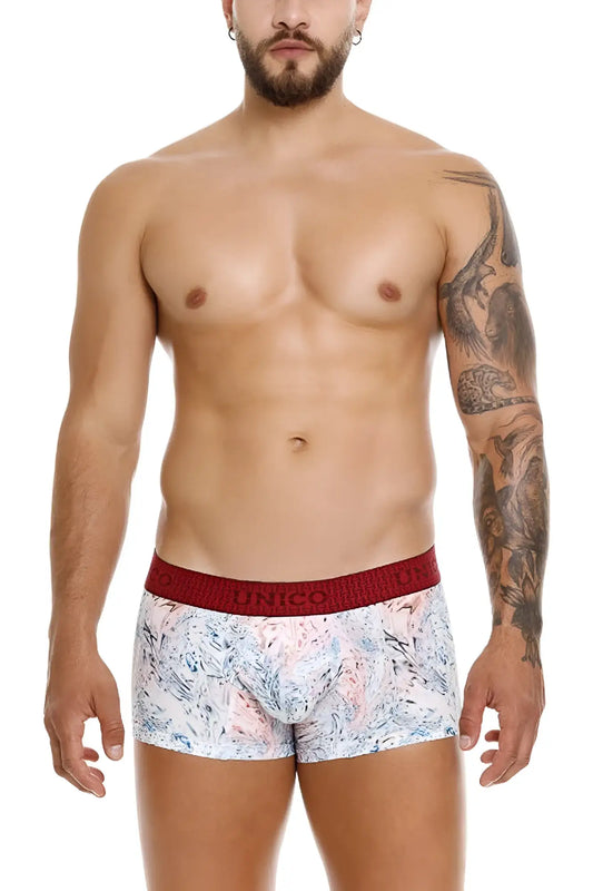 White boxer briefs unico 25020100103 rizo trunks with pink and blue abstract pattern and red elastic waistband