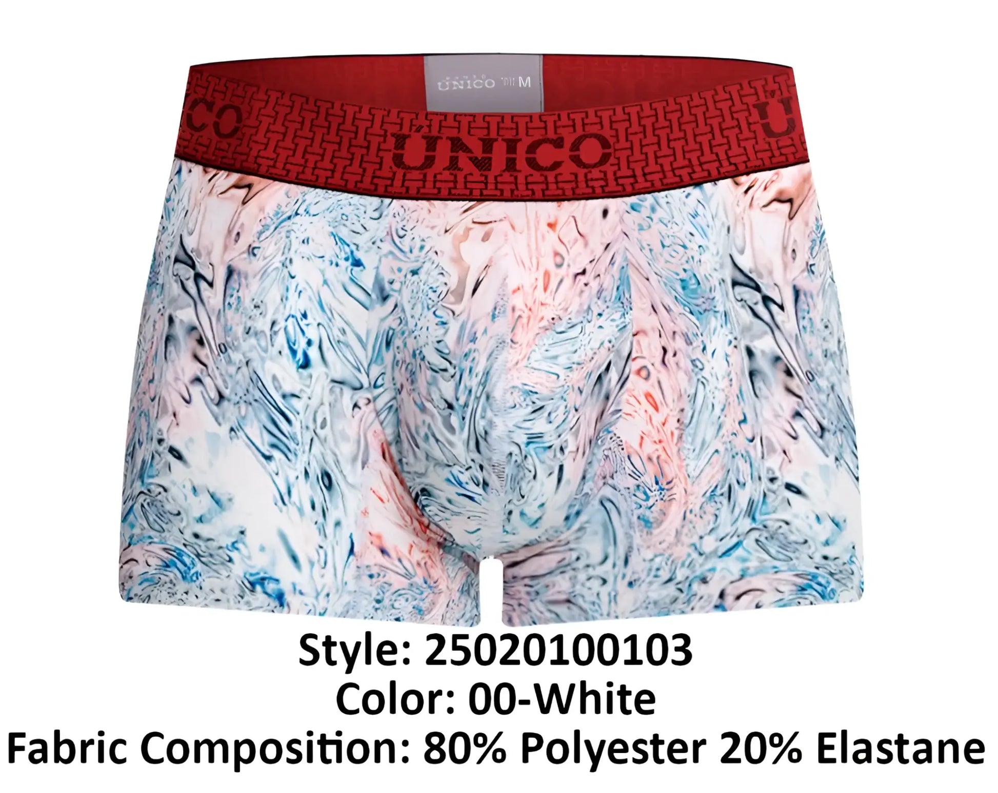White unico 25020100103 rizo trunks with blue pink gray marbled front and red elastic waistband branding