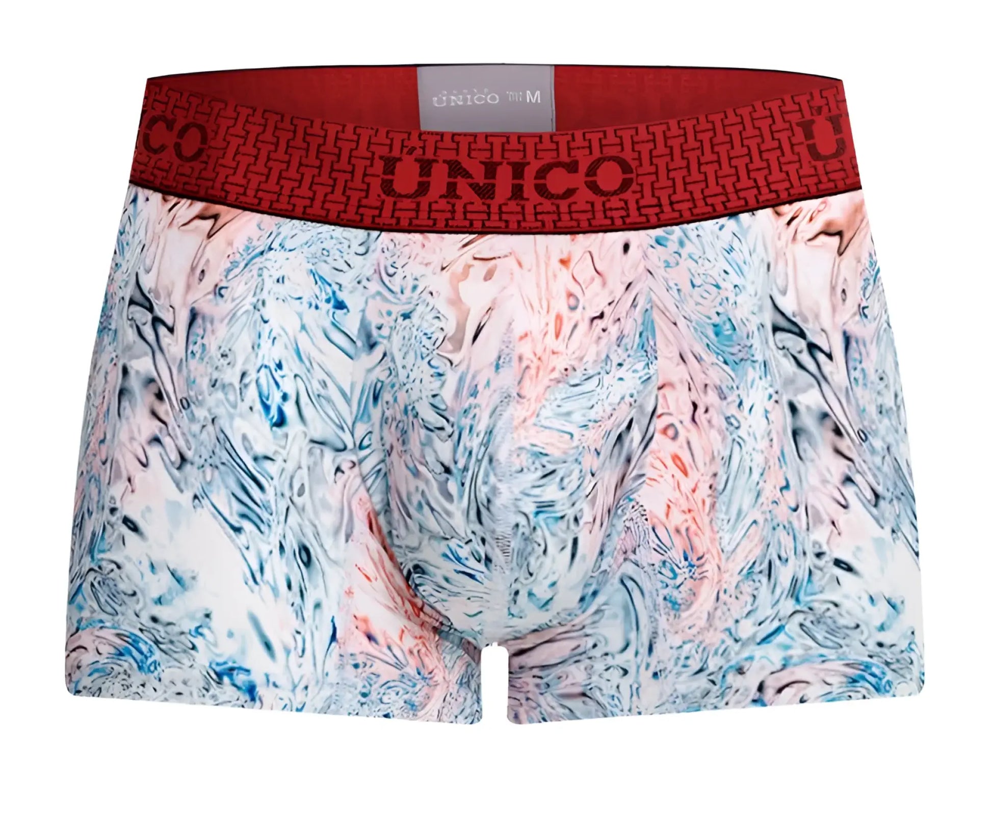 Unico 25020100103 Rizo trunks white men’s boxer briefs with vibrant blue pink and white abstract marble pattern and soft waistband