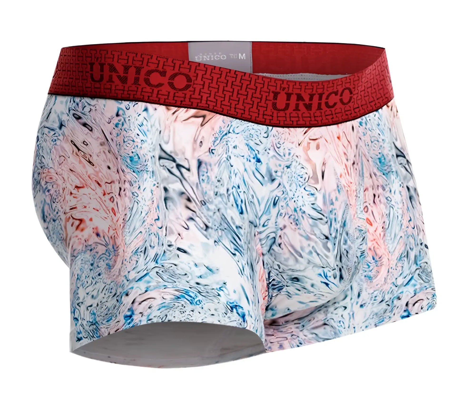 Unico 25020100103 rizo trunks mens boxer briefs with vibrant blue pink white marbled pattern and bold red waistband
