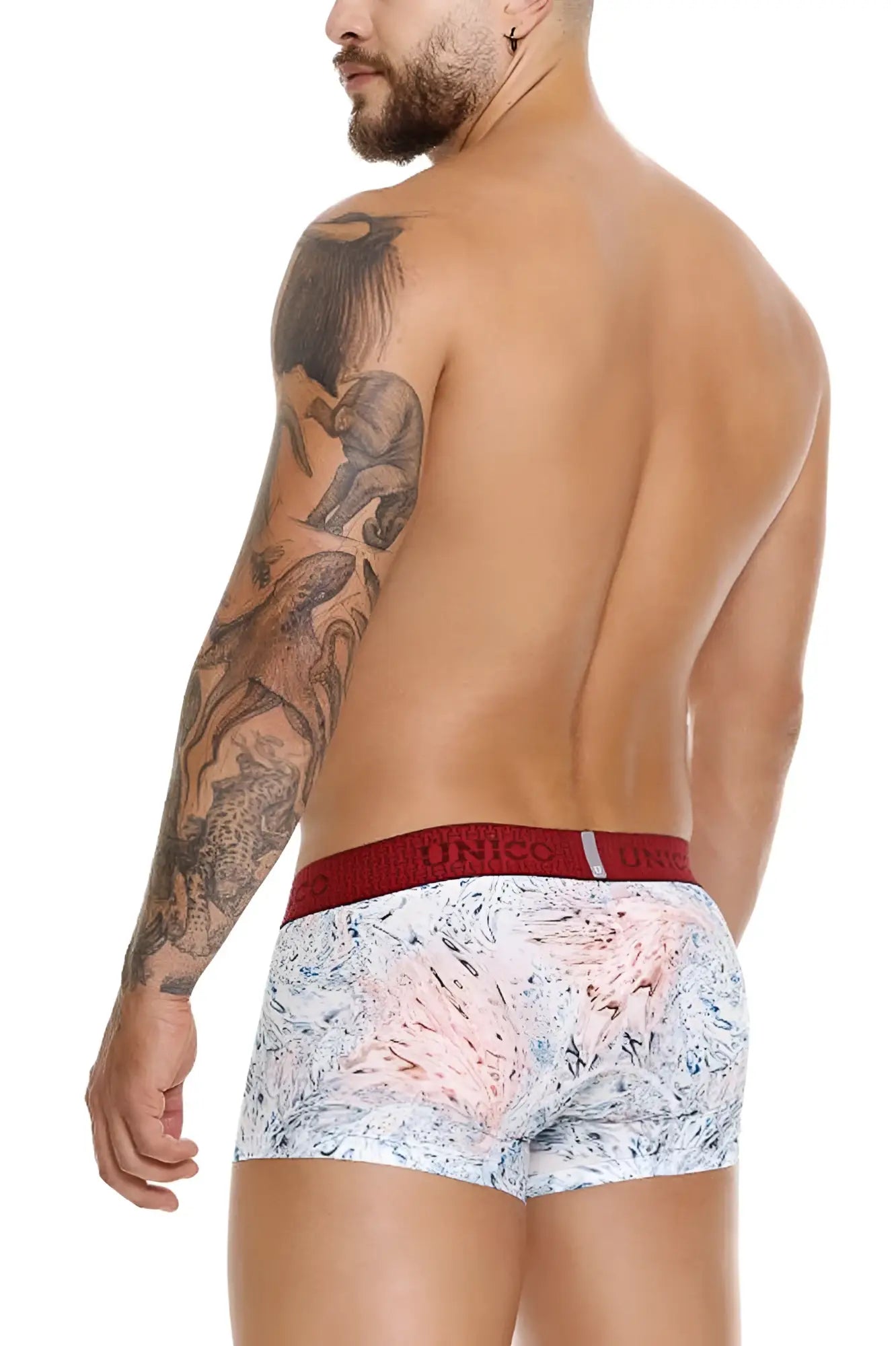 Unico 25020100103 rizo trunks white boxer briefs with pink abstract pattern and red elastic waistband with unico branding