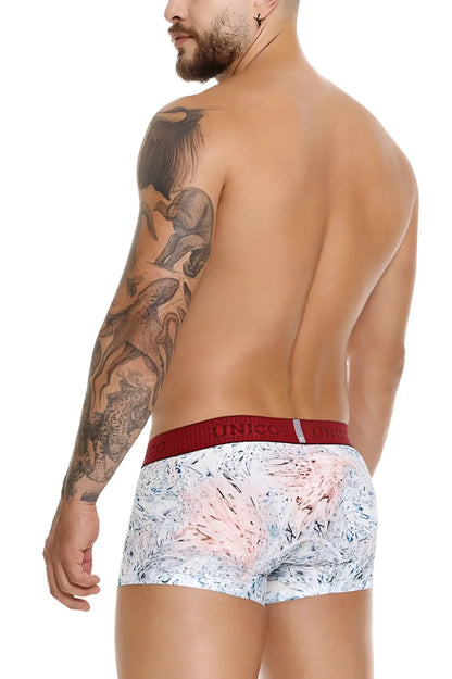 Unico 25020100103 rizo trunks white boxer briefs with pink abstract pattern and red elastic waistband with unico branding