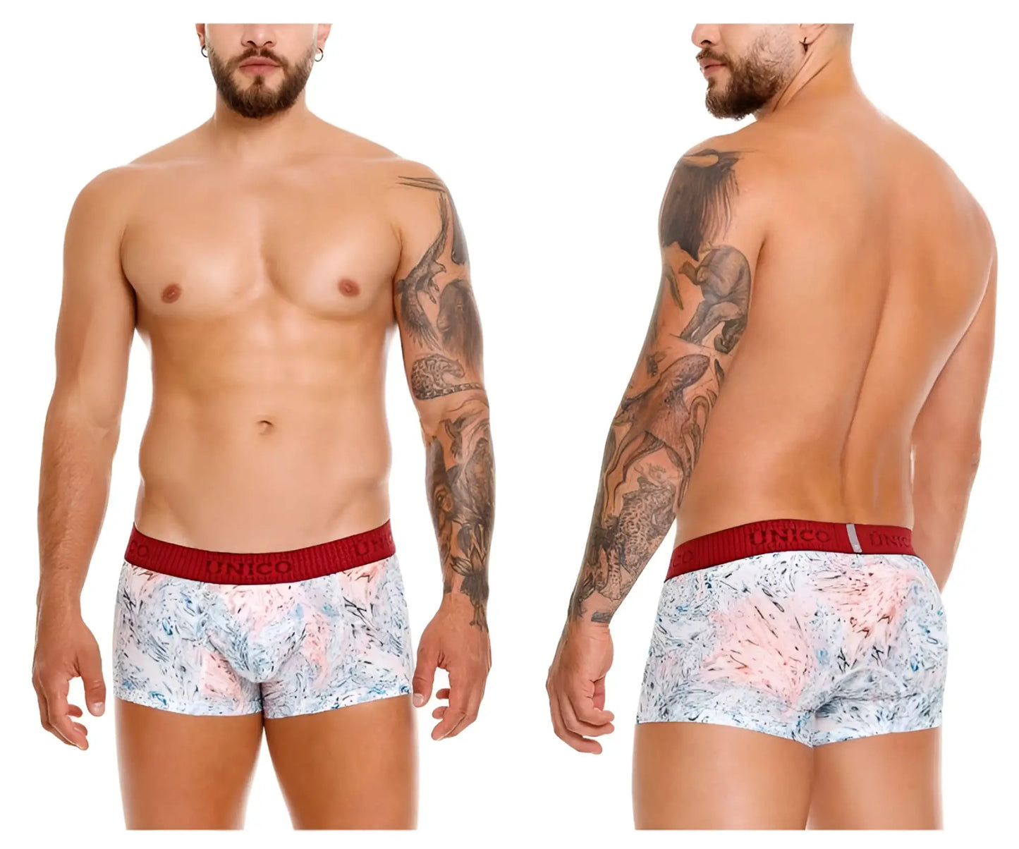 Unico 25020100103 Rizo trunks white and pink abstract briefs with red elastic waistband branded unico