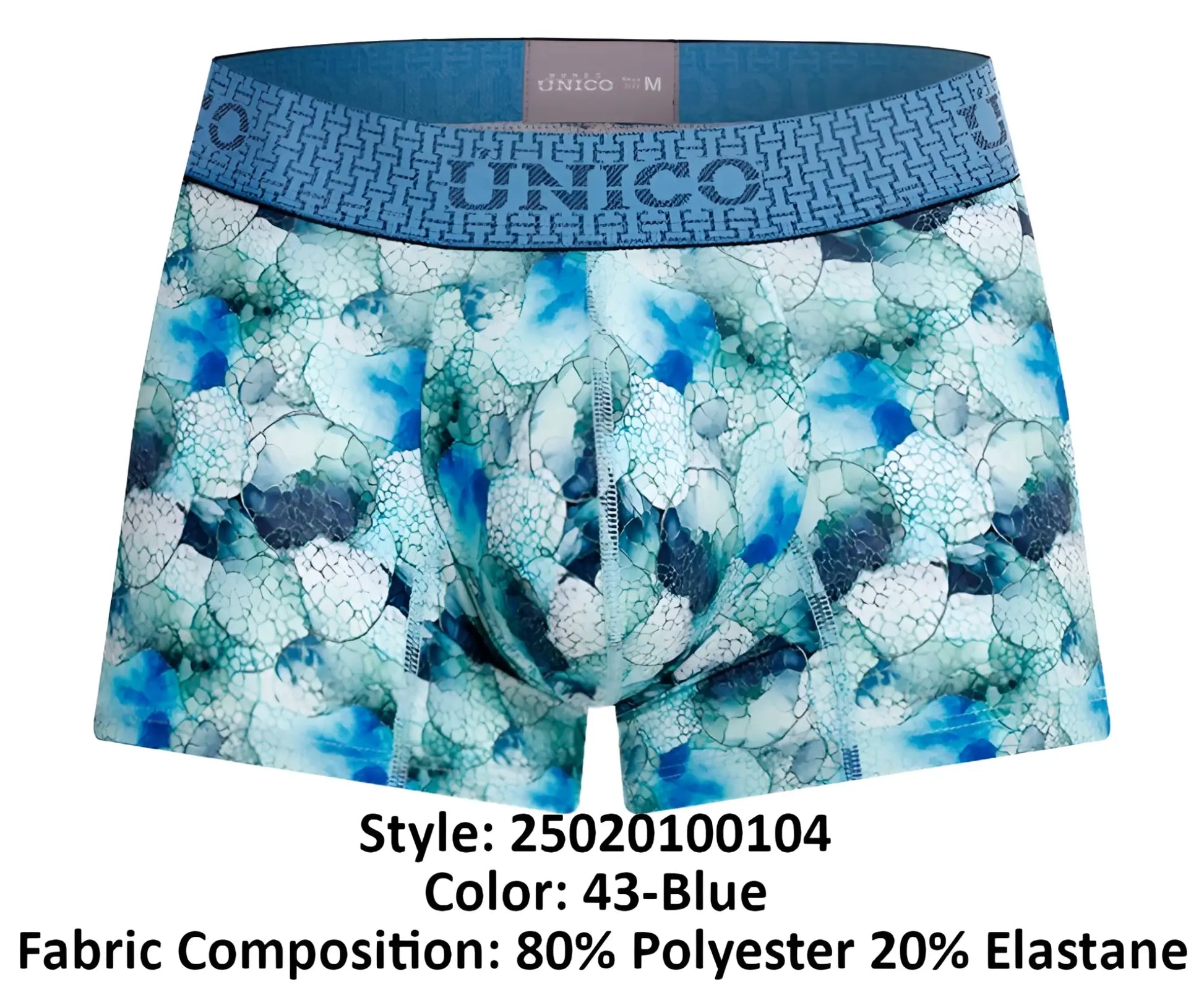 Blue patterned men’s boxer briefs with geometric design and elastic waistband unico 25020100104 abalón trunks color 43-blue