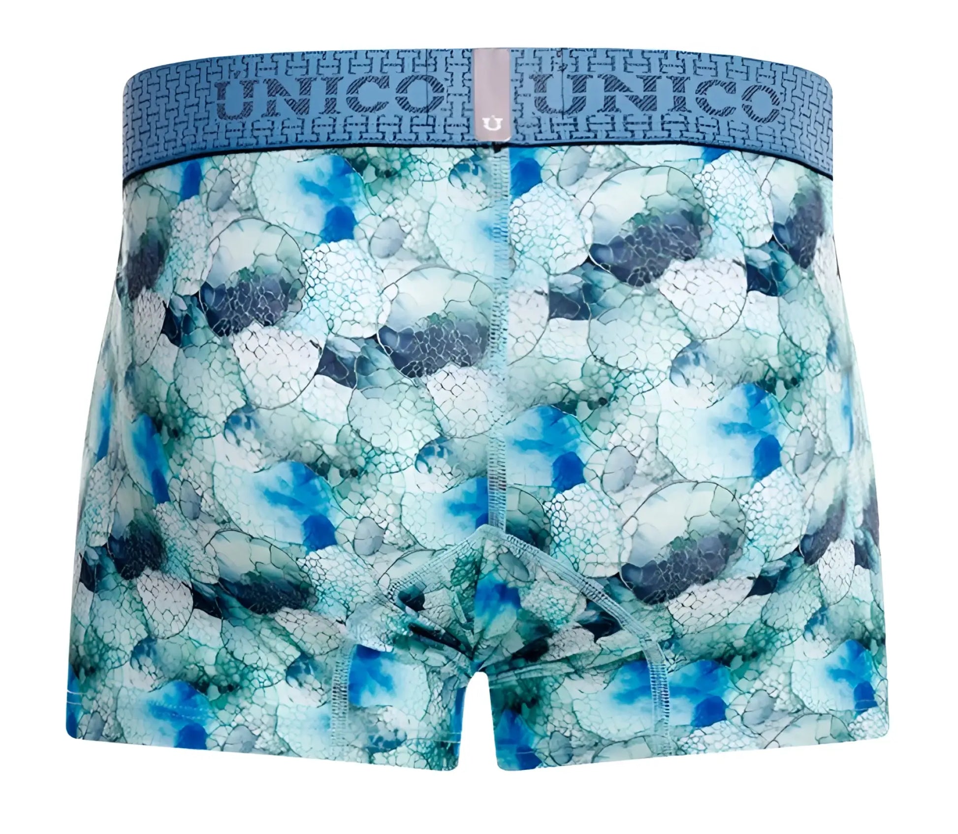 Blue and teal abstract bubble-patterned mens boxer briefs with unico logo waistband modelo unico 25020100104