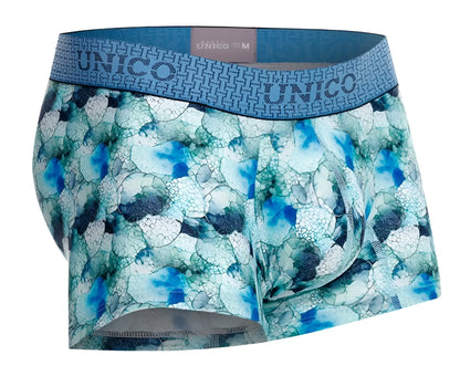 Unico 25020100104 abalon trunks blue mens boxer briefs with blue and teal pattern and geometric waistband