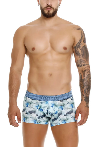 Unico 25020100104 abalon trunks are blue and white floral patterned men’s briefs with a branded elastic waistband