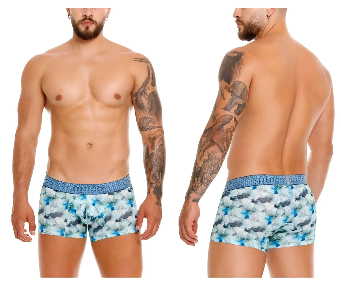 Blue and white floral patterned unico 25020100104 abalon trunks with textured elastic waistband color 43-blue