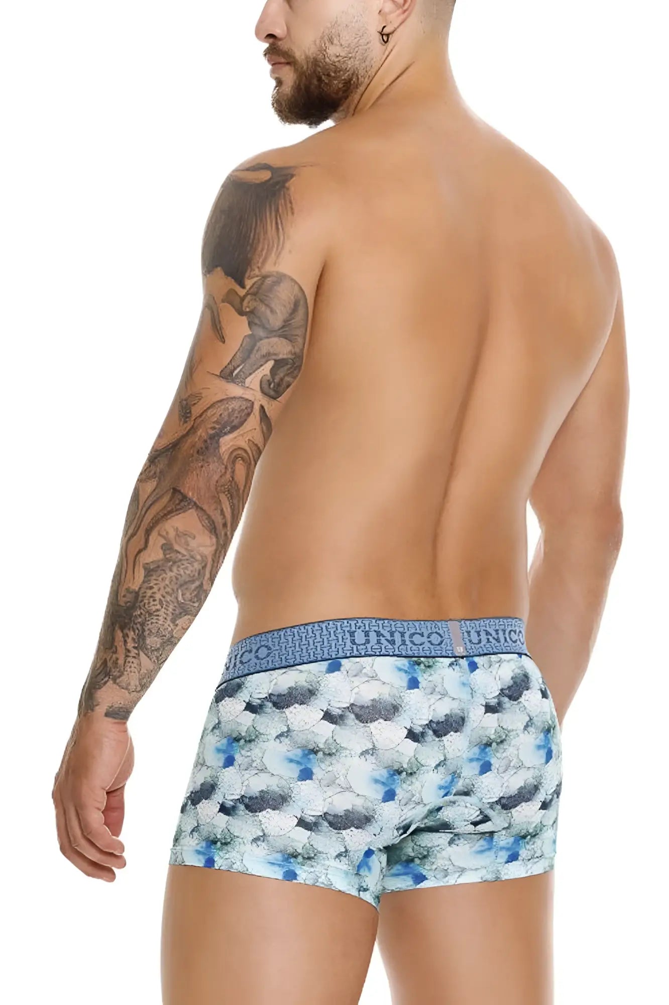Blue and white patterned unico 25020100104 abalon trunks boxer briefs with repeating fish design in color 43-blue
