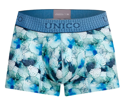 Unico 25020100104 Abalon trunks in blue with white patterned men’s boxer briefs and geometric waistband design