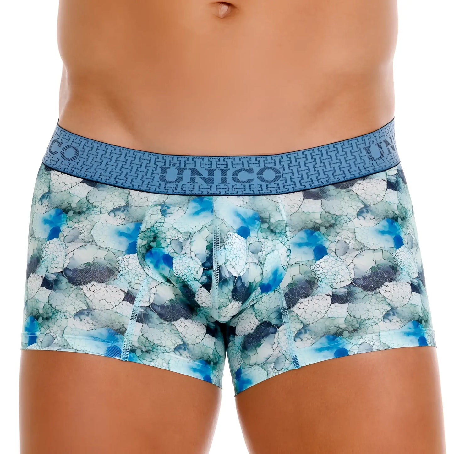 Blue and white patterned unico 25020100104 abalon trunks featuring cracked stone-like textured design for men