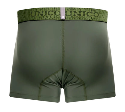 Olive green unico 25020100105 glauco trunks boxer briefs with patterned waistband featuring brand logo and name