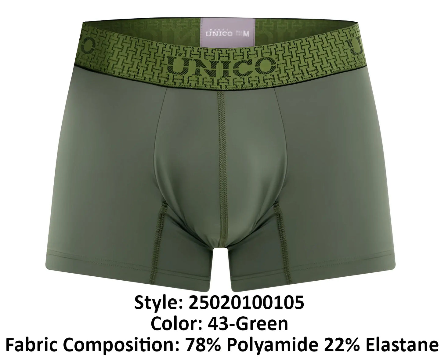 Olive green unico men’s boxer briefs with patterned waistband featuring brand name and logo unico 25020100105 glauco trunks