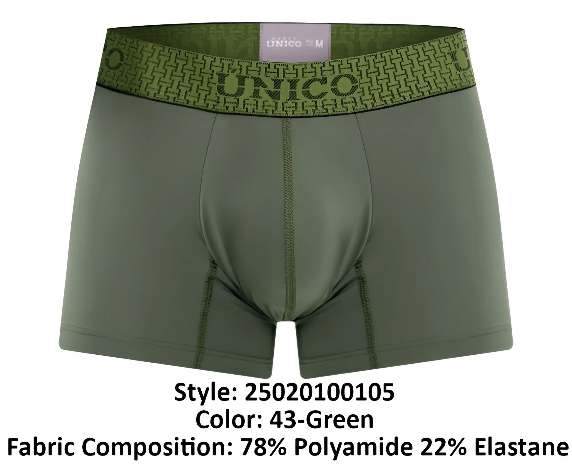 Olive green unico men’s boxer briefs with patterned waistband featuring brand name and logo unico 25020100105 glauco trunks