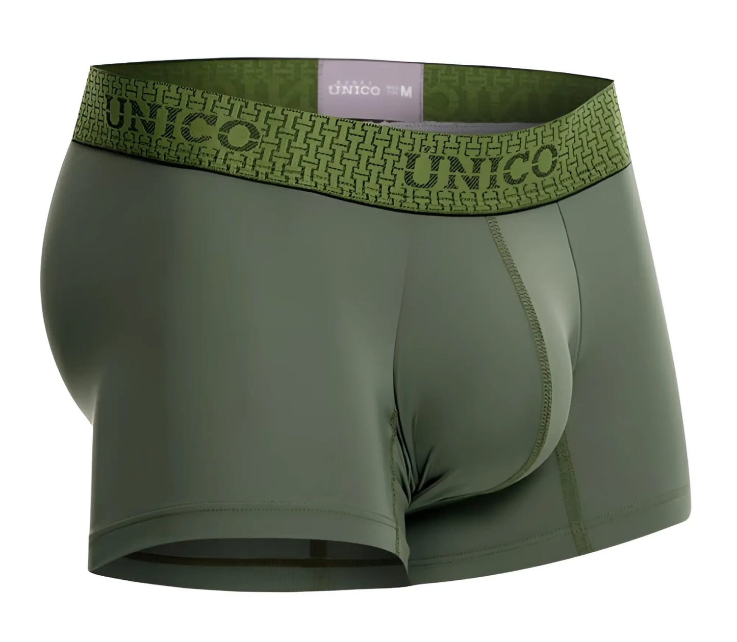 Olive green unico men’s boxer briefs with patterned waistband featuring brand name and geometric design