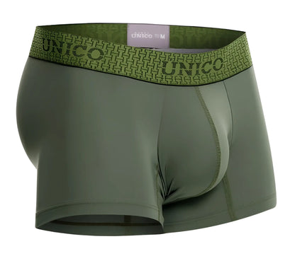 Olive green unico men’s boxer briefs with patterned waistband featuring brand name and geometric design