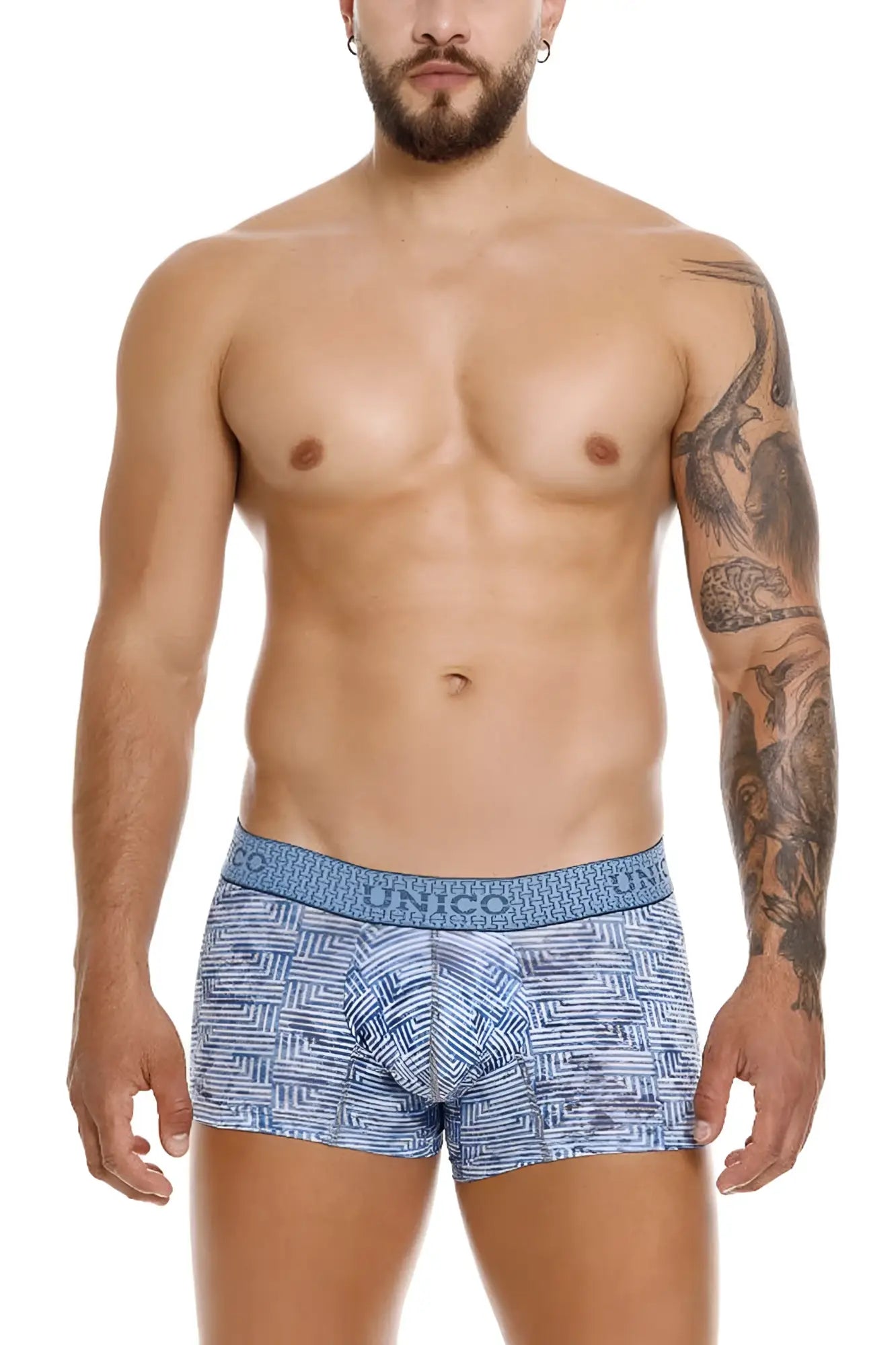 Unico 25020100111 Ostion trunks in blue featuring a geometric pattern and branded waistband boxer briefs