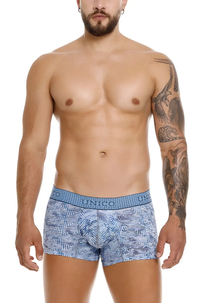Unico 25020100111 Ostion trunks in blue featuring a geometric pattern and branded waistband boxer briefs